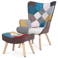 Křeslo "ušák" s podnožkou, potah patchwork látka, nohy masiv kaučukovník AK-305 PW2